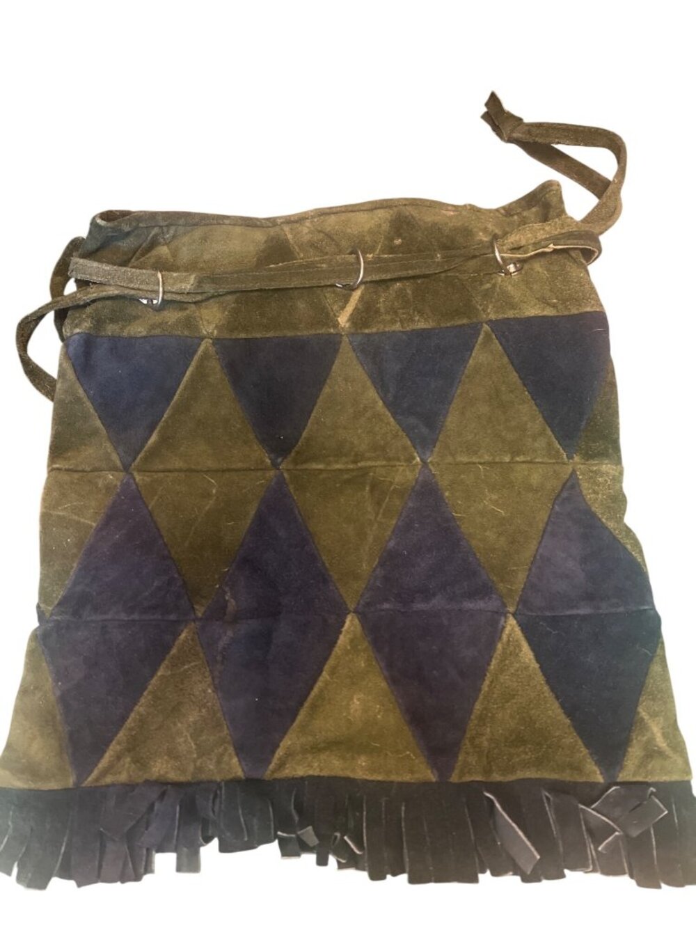 70's Vintage Suede Shoulder Bag Fringe & Drawstring Closure Green Blue Diamond - Picture 2 of 6